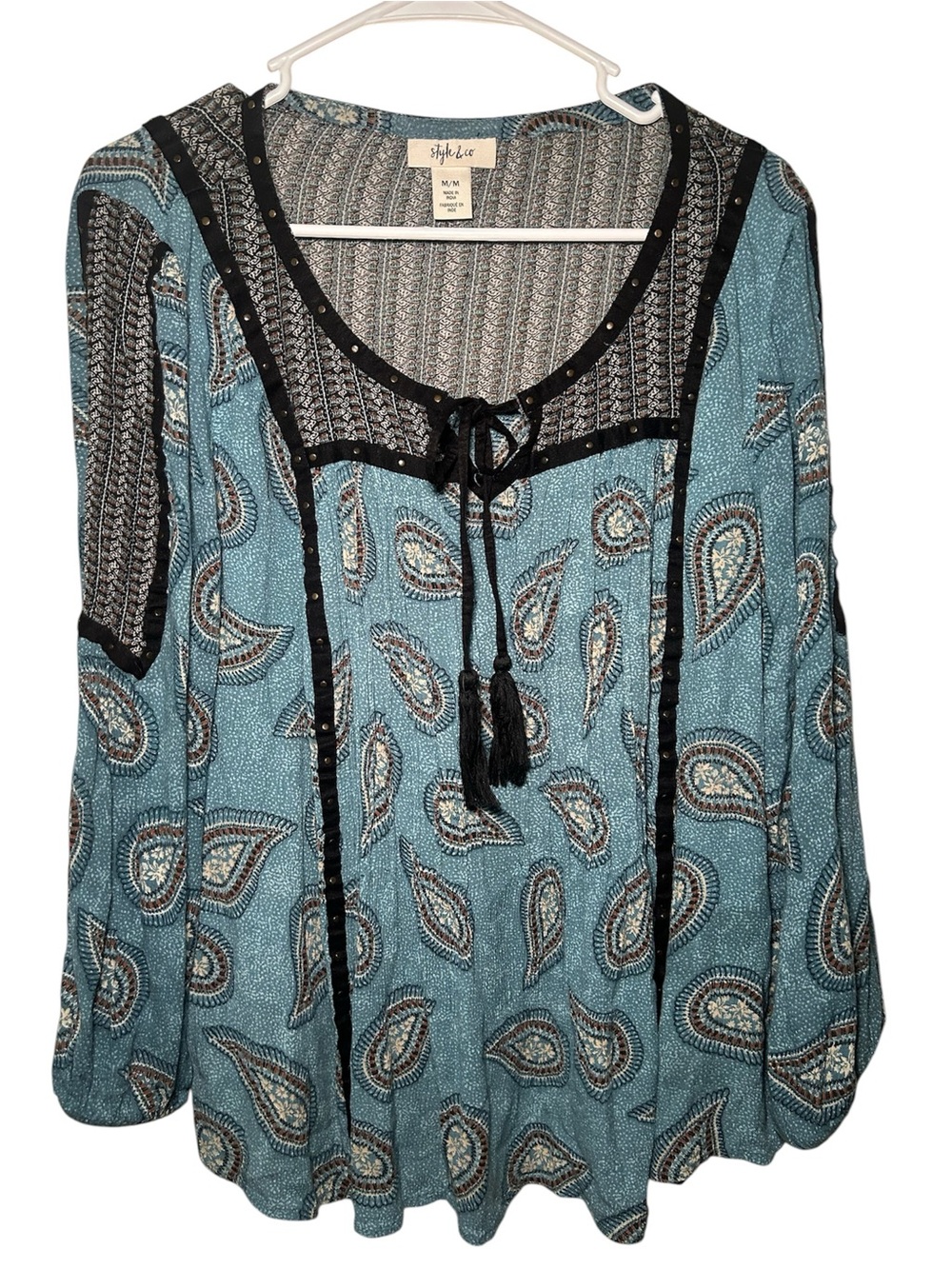 Style & Co. Teal Paisley Peasant Top with Tassel Tie Country chic Western Casual